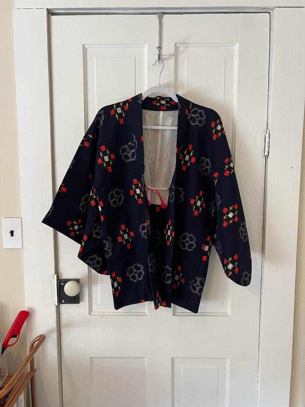 Vintage Japanese Silk Haori Kimono Jacket blue red Pattern Wide Sleeve tradition